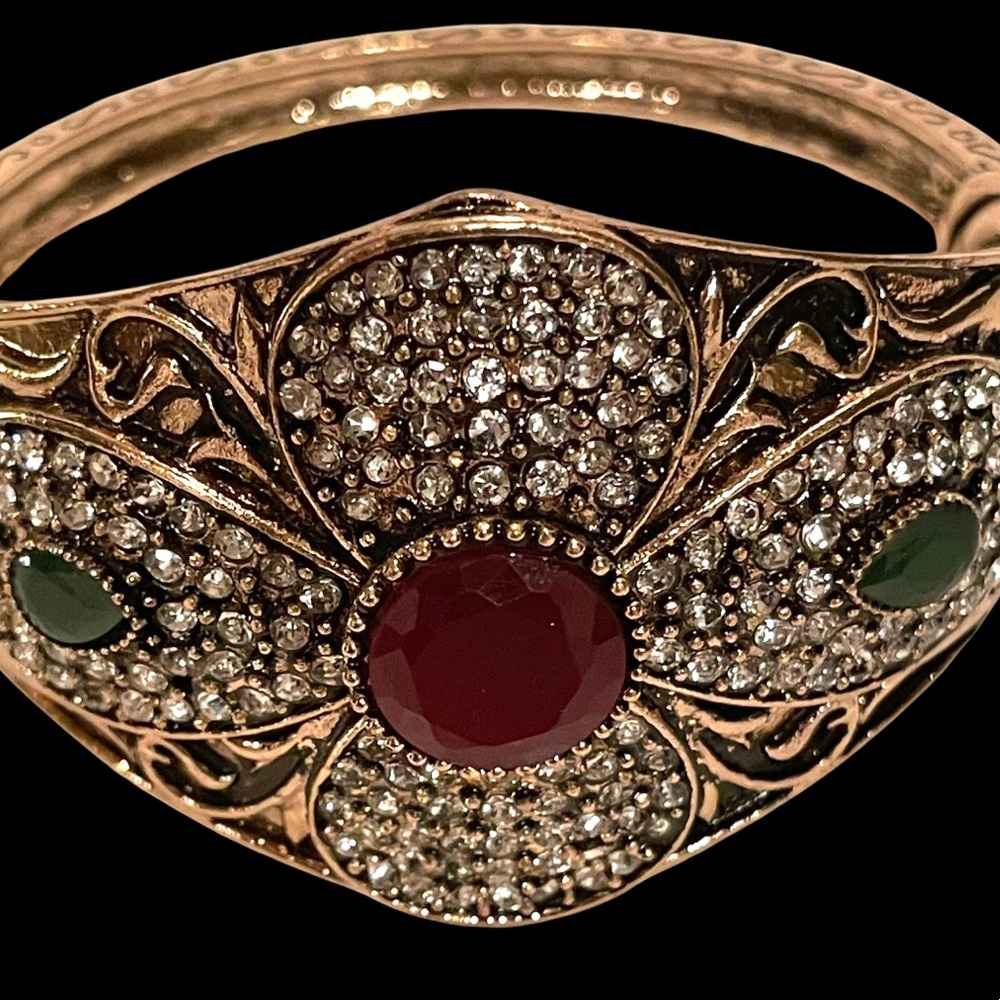 Glamorous Ruby and Emerald Turkish Brass Bangle Bracelet